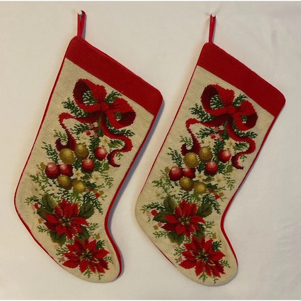2 VTG Ornaments & Poinsettia Needlepoint Stockings Wool Embroidery